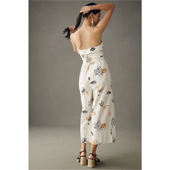 Anthropologie Maeve Sea Creatures Strapless Buttondown Wide-Leg Jumpsuit - Picture 3 of 16